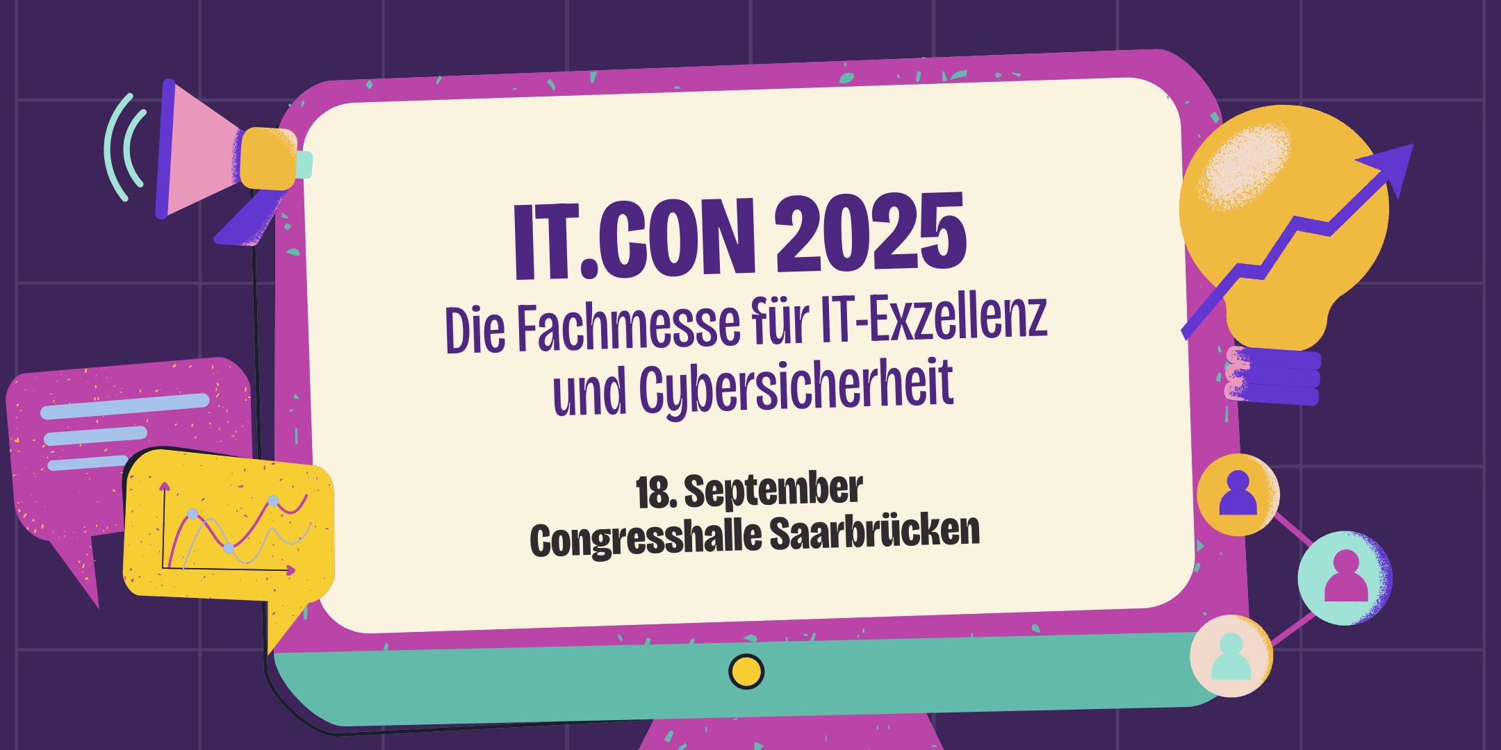 Bunt illustrierter Banner der IT.CON 2025 mit Text: 'Die Fachmesse für IT-Exzellenz und Cybersicherheit', darunter Veranstaltungsdatum '18. September' und Ort 'Congresshalle Saarbrücken'. Umgeben von Symbolen wie Sprechblasen, Glühbirne, Diagrammen und Netzwerk-Icons